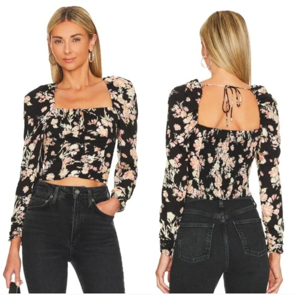 NWT Free People Black Floral Puff Sleeve Smocked Crop Top Tie Back Size M Boho